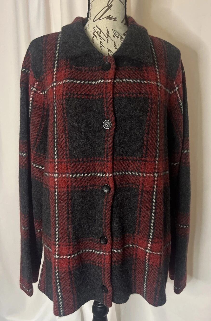 J. Jill Red Charcoal Plaid Wool Blend Button Front Jacket Coat Women’s Large